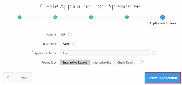 Create an Application From Spreadsheet: Application Options
