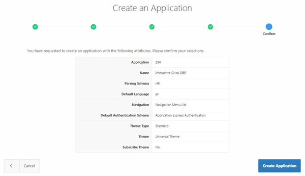 Summary of selections to create an application.
