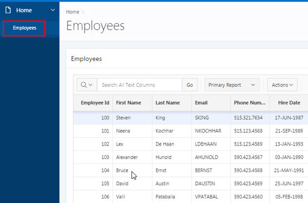 Selecting Employees in the navigation menu