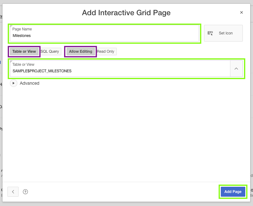 Add the interactive grid page details
