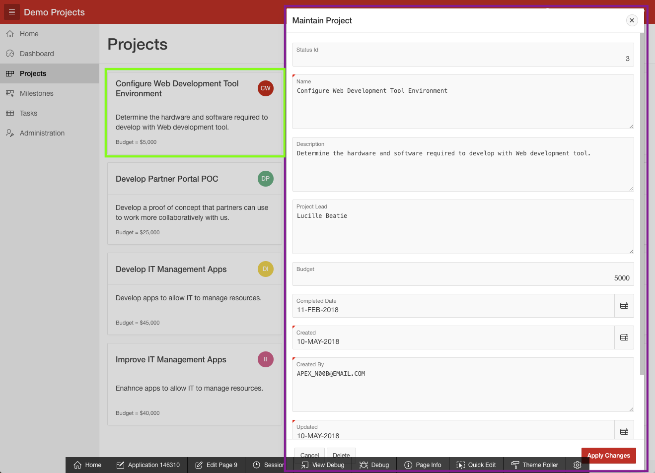 View of the Maintain Project page