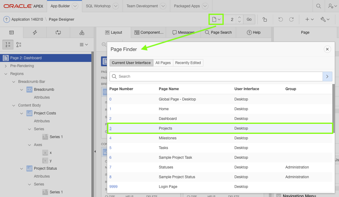 Using Page Finder to navigate to another page