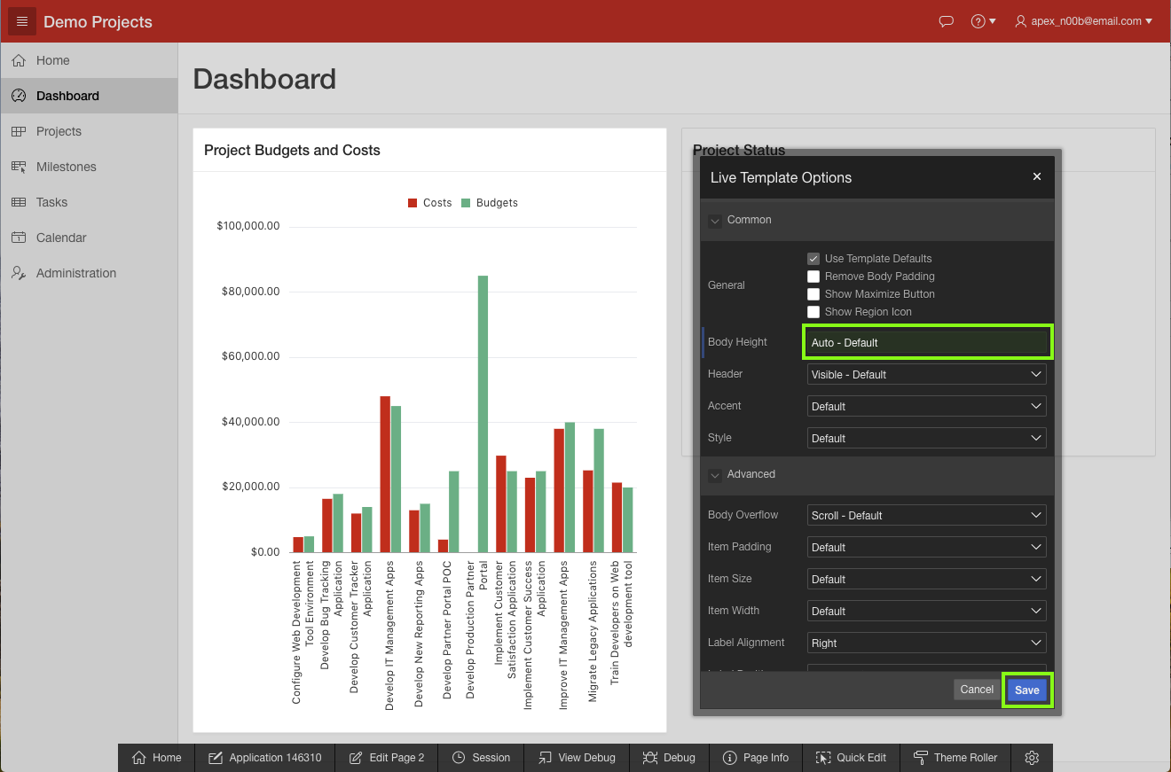 Run the app to see the Project Budgets and Costs chart