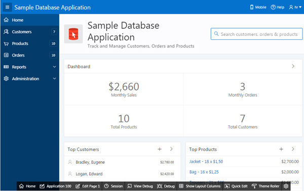 The sameple Database application is displayed