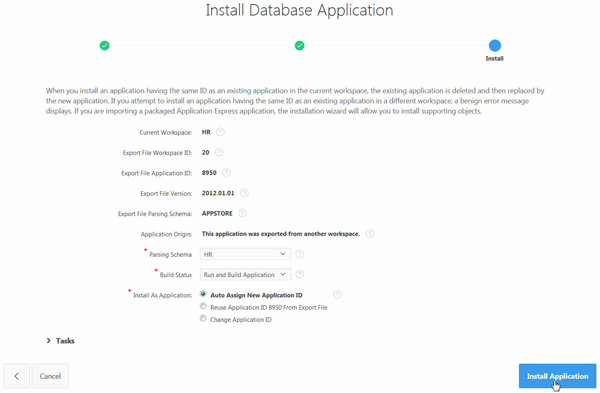 Install Database Application page