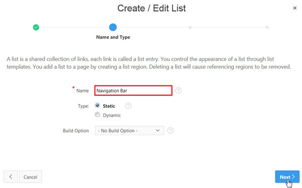 Create/Edit List page for Navigation Bar - Step 2